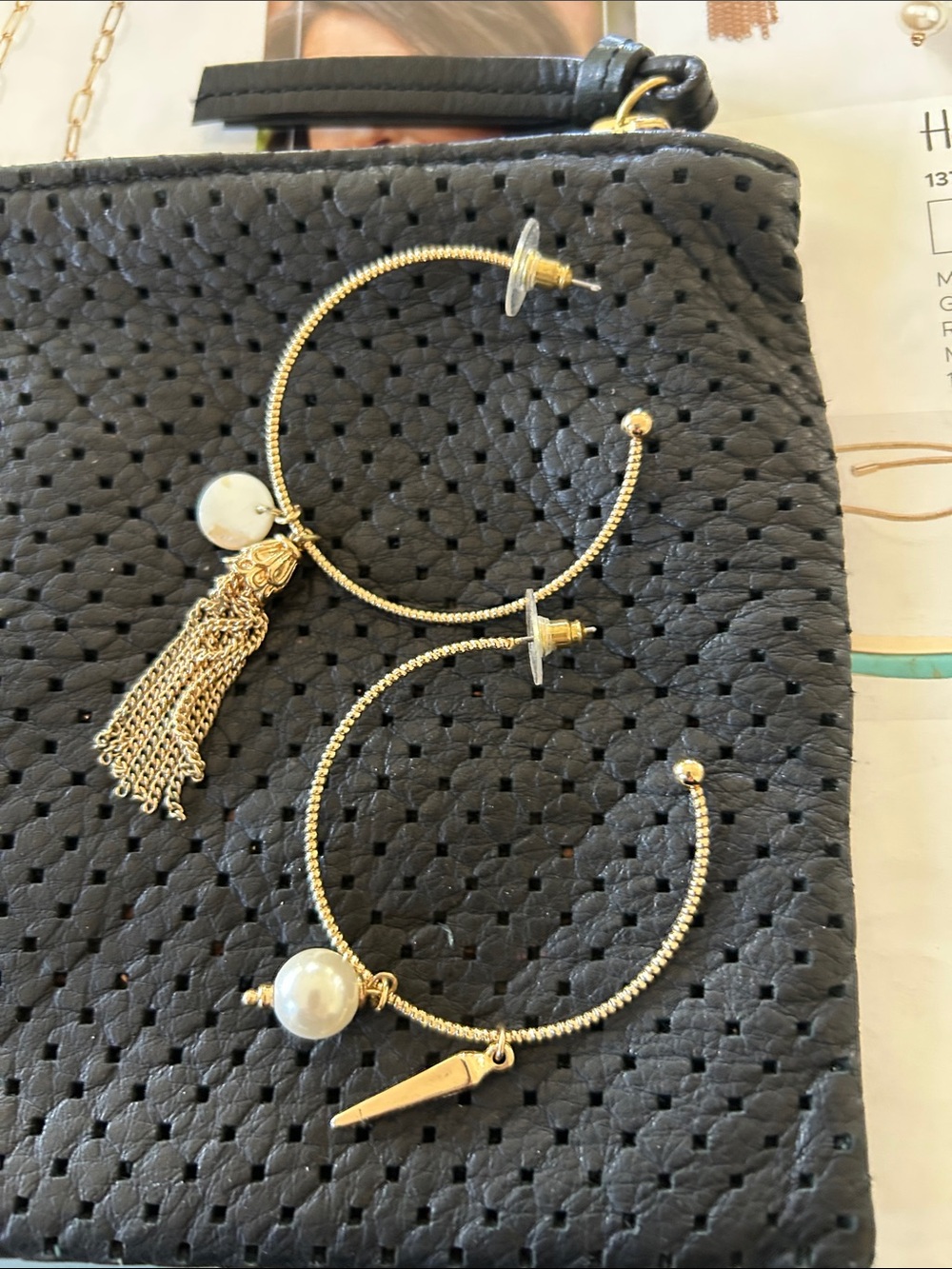 Gold-Tone Hoop Earrings with Pearl and Tassel Charms- mismatched -  Parklane